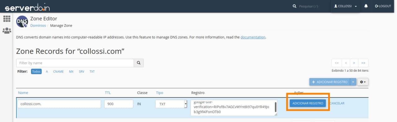 Cadastro de nova entrada de registro DNS