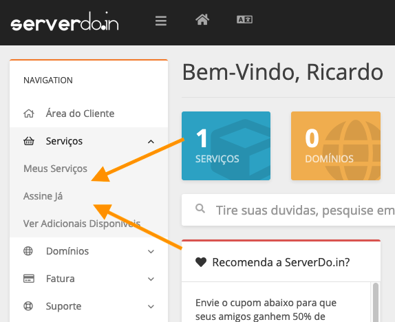 Aqui você poderá assinar qualquer novo produto da ServerDo.in como o certificado SSL para seu site.